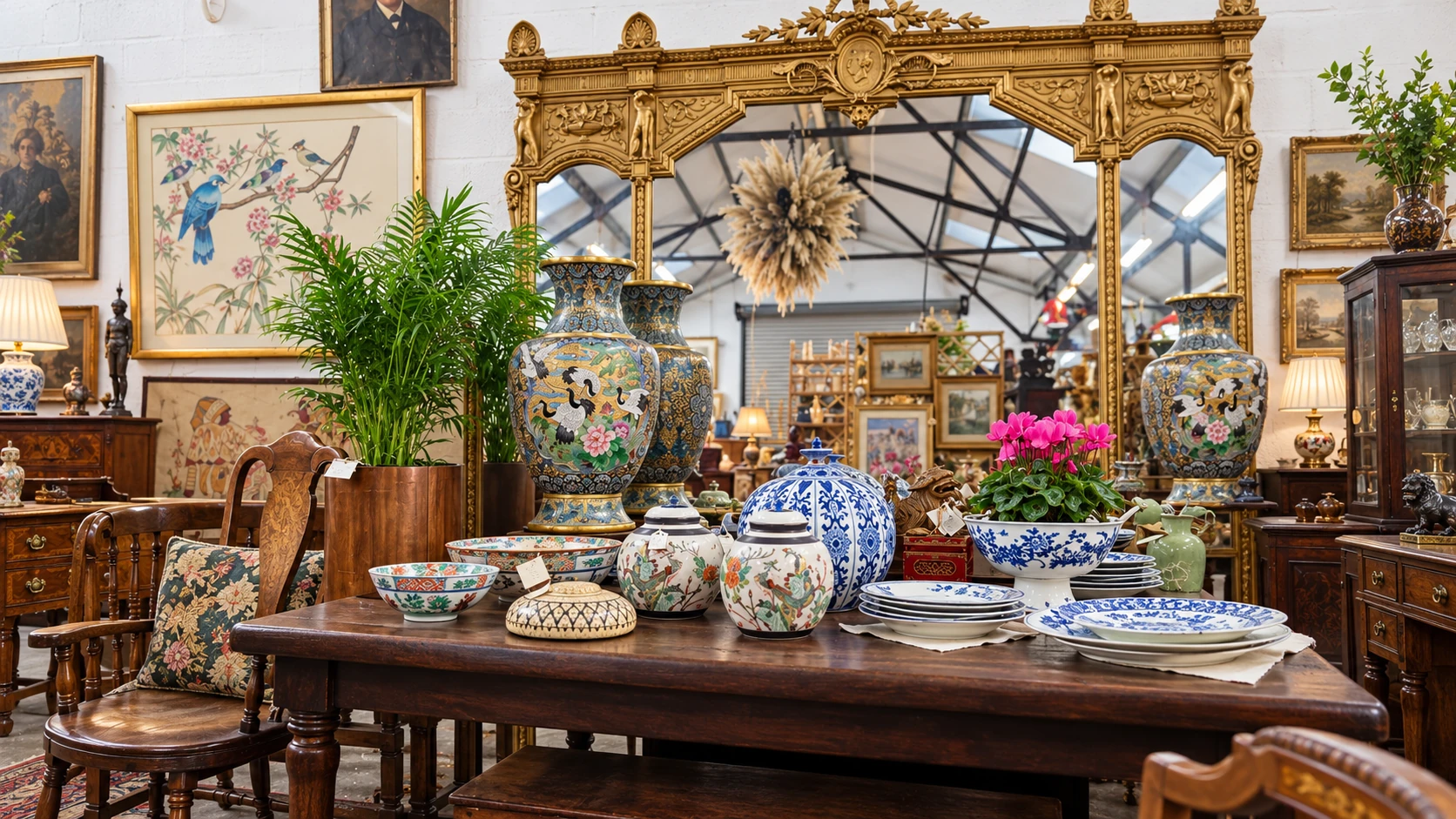 An illustrative recreation of the Cow Shed display, with antique porcelain, a gilt mirror and wooden furniture